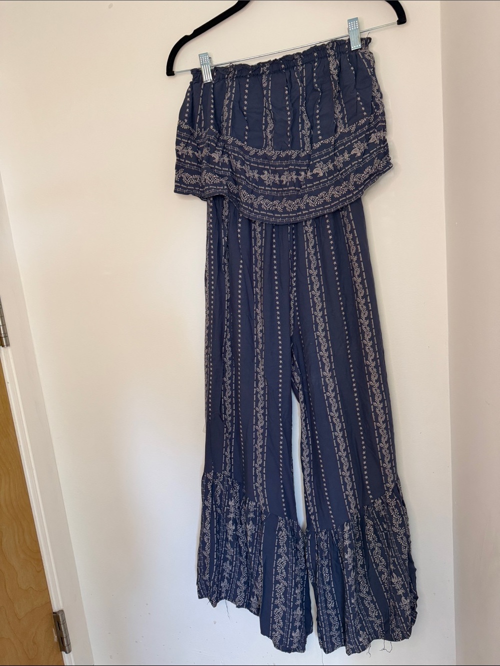Boho Strapless Wide-Leg Jumpsuit in Navy with Cream Print